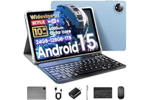 Raemond Android 15 Tablet 10 Inch, 24GB RAM+128GB ROM/1TB Expandable, 1.8GHz Octa-core CPU, 1280x800 IPS HD Display, WiFi 6, BT 5.4, 5+8MP Camera, 2 in 1 Tablets with Keyboard Case Mouse Stylus