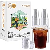 Turbo Bee 12 OZ 200 Sets Clear Plastic Cups with Strawless Sip Lids, To Go Crystal Clear Disposable Plastic Cups with Lids for Iced Coffee, Smoothies, Soda, Lemonade, Cold Beverage