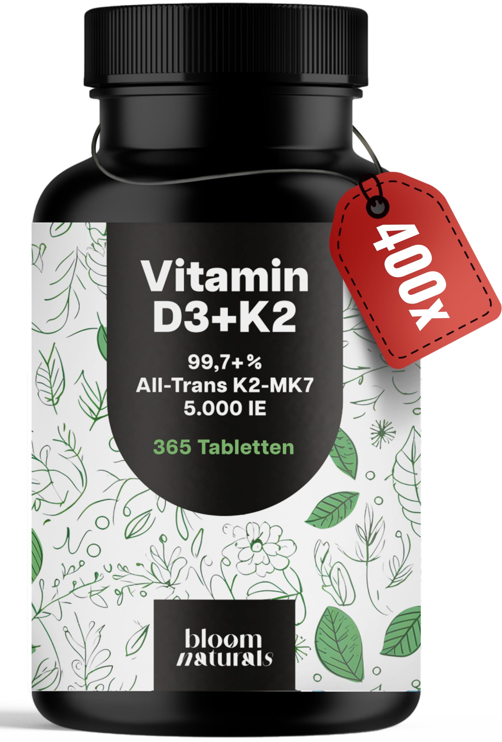 Vitamin D3 K2 5000 IE hochdosiert – 365 Tabletten – Premium 99,7+% All-Trans K2-MK7 – produziert in Deutschland - Verpackung kann variieren