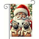 BlissYard Christmas Garden Flag 12x18 Inches - Double-Sided Santa Claus with Adorable Pugs in Holiday Hats, Weatherproof Outdoor Decoration for Lawn and Garden