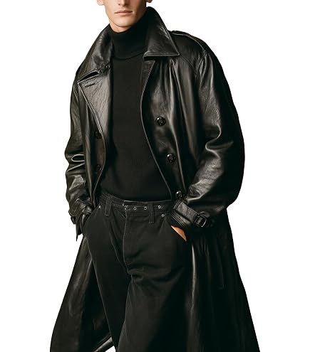 LP-FACON Mens Double Breasted Winter Black Leather Outerwear