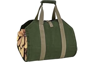 eletecpro Firewood Carrier 39x18 Inch Durable Waxed Canvas Log Carrier Heavy Duty, Fire Place Sturdy Wood Carring Bag with Handles Security Strap for Camping Indoor (Green)