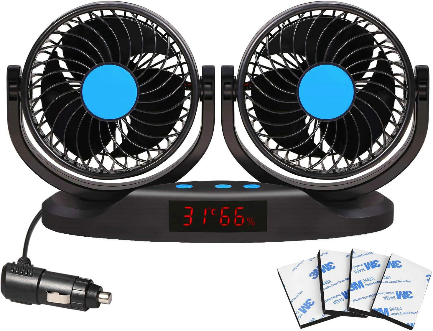 Car Fan 12V Cooling Fan with LED Dual 5inch Head Electric Dashboard Cooler 360°Rotatable 12 Volt Air Fan