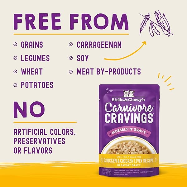 STELLA & CHEWY’S CARNIVORE CRAVINGS MORSELS & GRAVY CHICKEN & CHICKEN LIVER RECIPE WET CAT FOOD POUCHES – (2.8 OUNCE CANS, CASE OF 12)