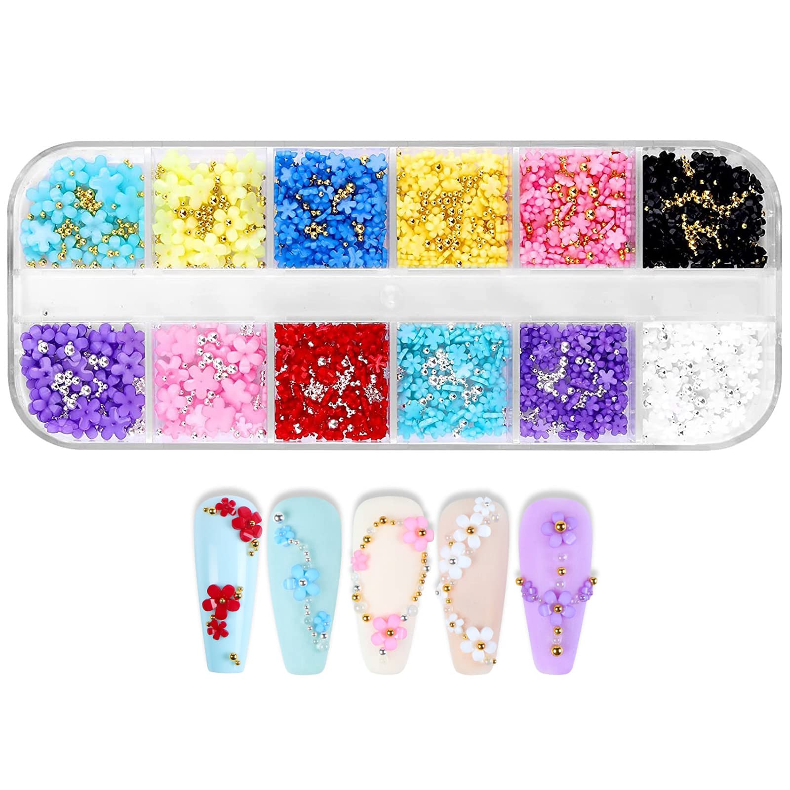 3D Flower Nail Charms - 12 Grid Colorful Flower Nail Art Charms with Gold Silver Beads, Resin Blossom Rhinestone Decorations for Women Girls & Manicure DIY Supplies