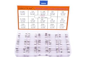 QBGTFAK 15 Values150pcs Quick Blow Glass Tube Fuse Assorted Kit 6x30mm 250V 0.5A, 1A, 1.5A, 2A, 3A, 3.15A, 5A, 6A, 7A, 8A, 10A, 15A, 20A, 25A, 30A, packag in a Clear Plastic Box