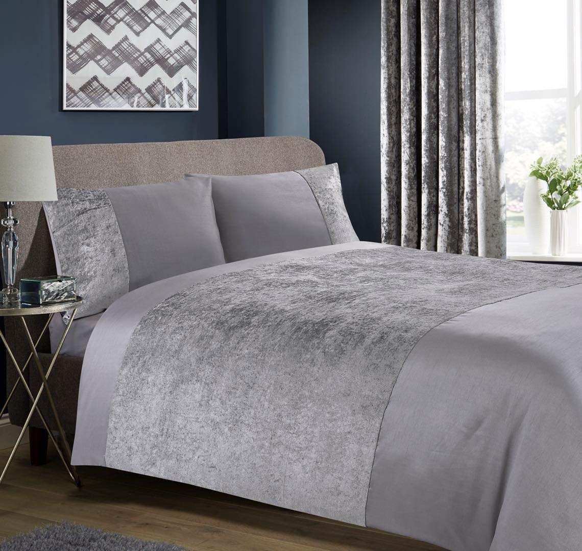 RayyanLinen Crushed Velvet Duvet Cover Bedding Set with Pillowcases in Charcoal Grey or Grey Silver (Piccadilly Grey Silver, KING)