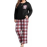 FLYCURVY Women's Pajama Sets 2 Piece Long Sleeve Sleepwear Soft Pj Set Loungewear Plaid Pjs with Pockets