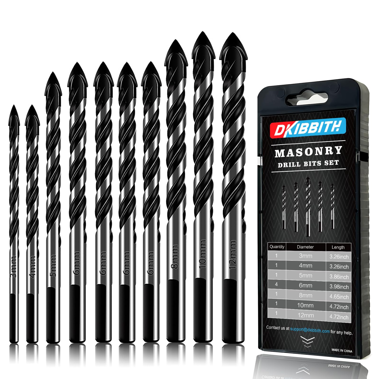 10 Piece Masonry Drill Bits Set for Tile Glass Ceramic Brick Wood, 3mm to 12mm Drilling Bits with Triangle Handle, YG8 Tungsten Steel Alloy Tip.（Black)