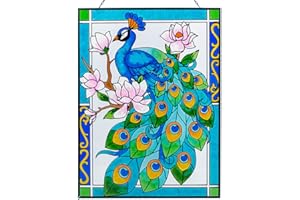 dreamskip Peacock Stained Glass Window Hanging, 11" W X 15" H Stained Glass Panel With Chain, Suncatchers for Windows Hanging Decorations, Gifts for Mom, Grandma, Wife, Sister