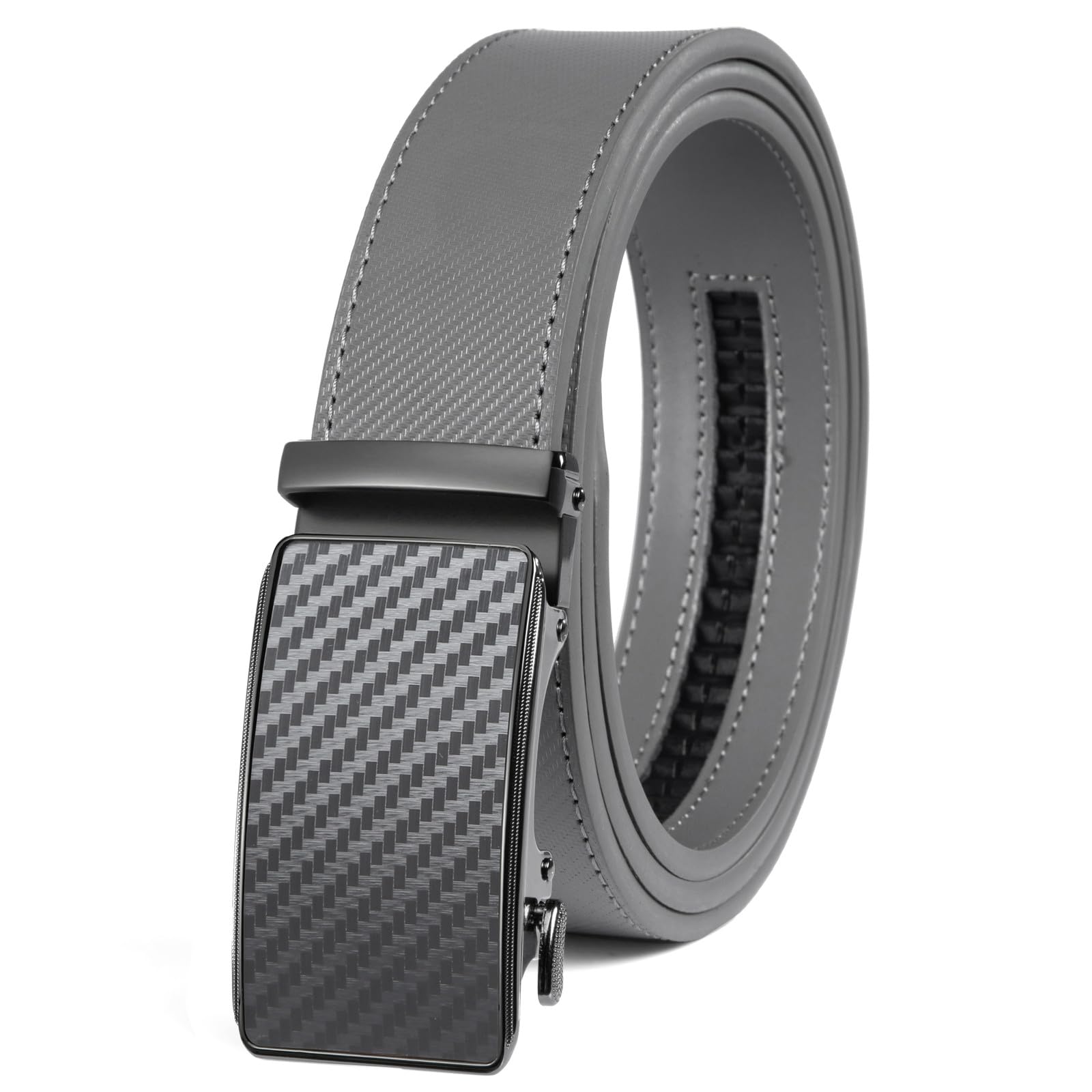 Photo 1 of Drowsmen Leather ratchet belt 1 3/8" with Comfort Click Sliding Automatic Buckle in gift box, Adjustable belt Trim to Fit (Carbon Fiber Gray/Grey Belts, 28"-34" Waist Adjustable)