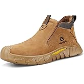 GLANOUDUN Welding Work Boots for Men - Brown Mid-Cut Slip on Steel Toe Shoes - Indestructible Steel Toe Boot for Welder Protective - ASTM Certified Safety Footwear for Construction & Industrial Use