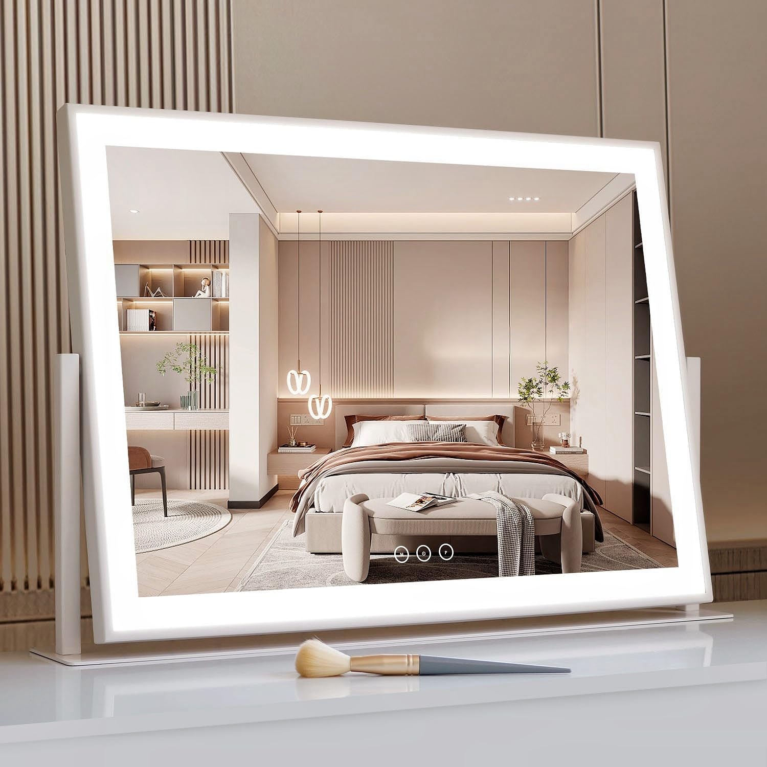 Photo 1 of (MISSING CHARGER) Acoolda Vanity Mirror with Lights, Large Makeup Mirror with Lights, LED Lighted Makeup Mirror with 3 Color Light Modes, Smart Touch Tabletop Mirror for Makeup Desk 360° Rotation 22.8" x 18" White