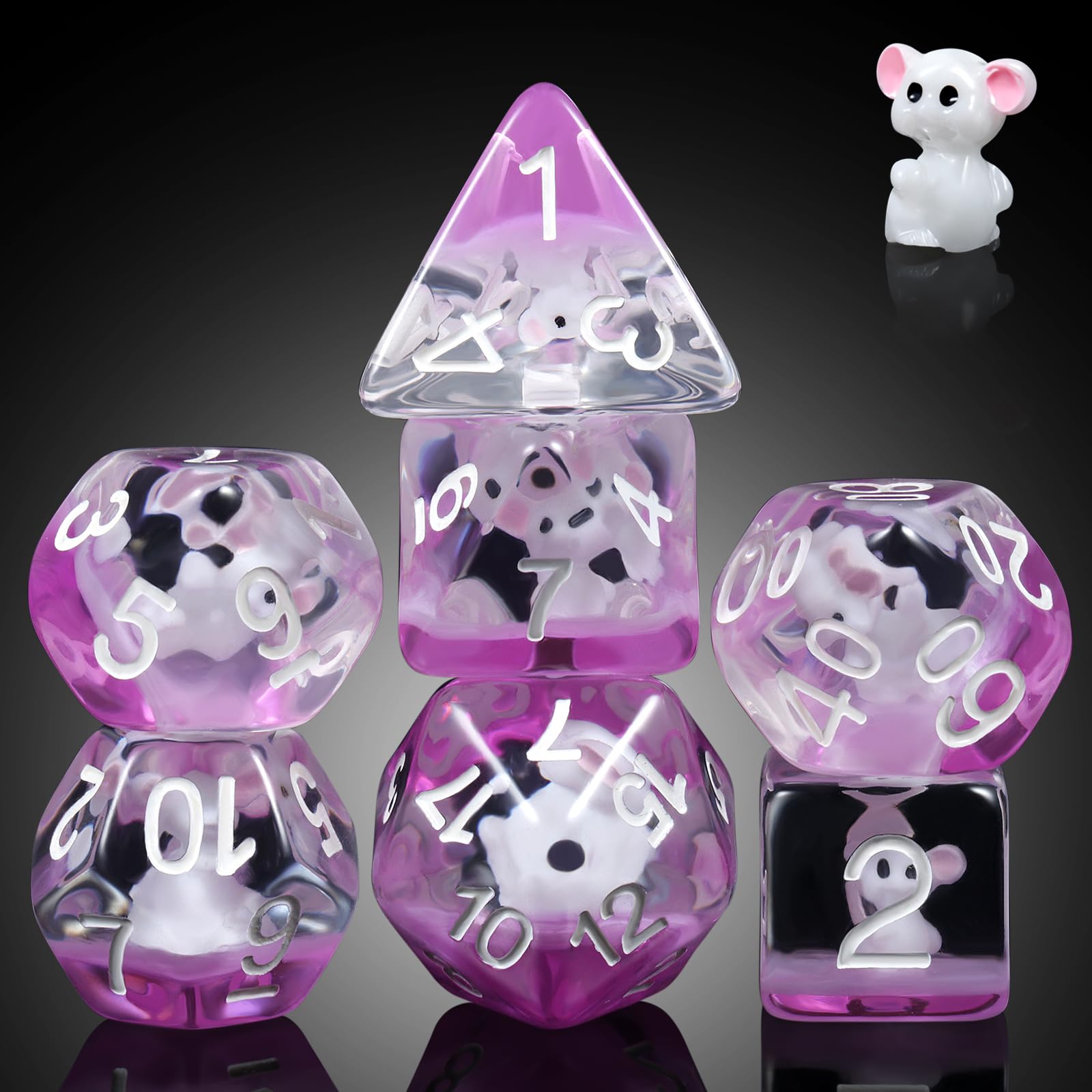 Mouse Resin DND Dice, DNDND 7PCS D&D Die with Velvet Pouch for Dungeons and Dragons Role Playing Games and Tabletop Games(Mouse) — image 1