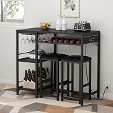 Bar Table and Chairs Set with Power Outlet, Pub Table and Chairs Set for 2 | 3 Piece Table Set with 2 Storage Shelves, Wine Rack &amp; Glass Holder, for Living Room, Dining Room, Small Apt