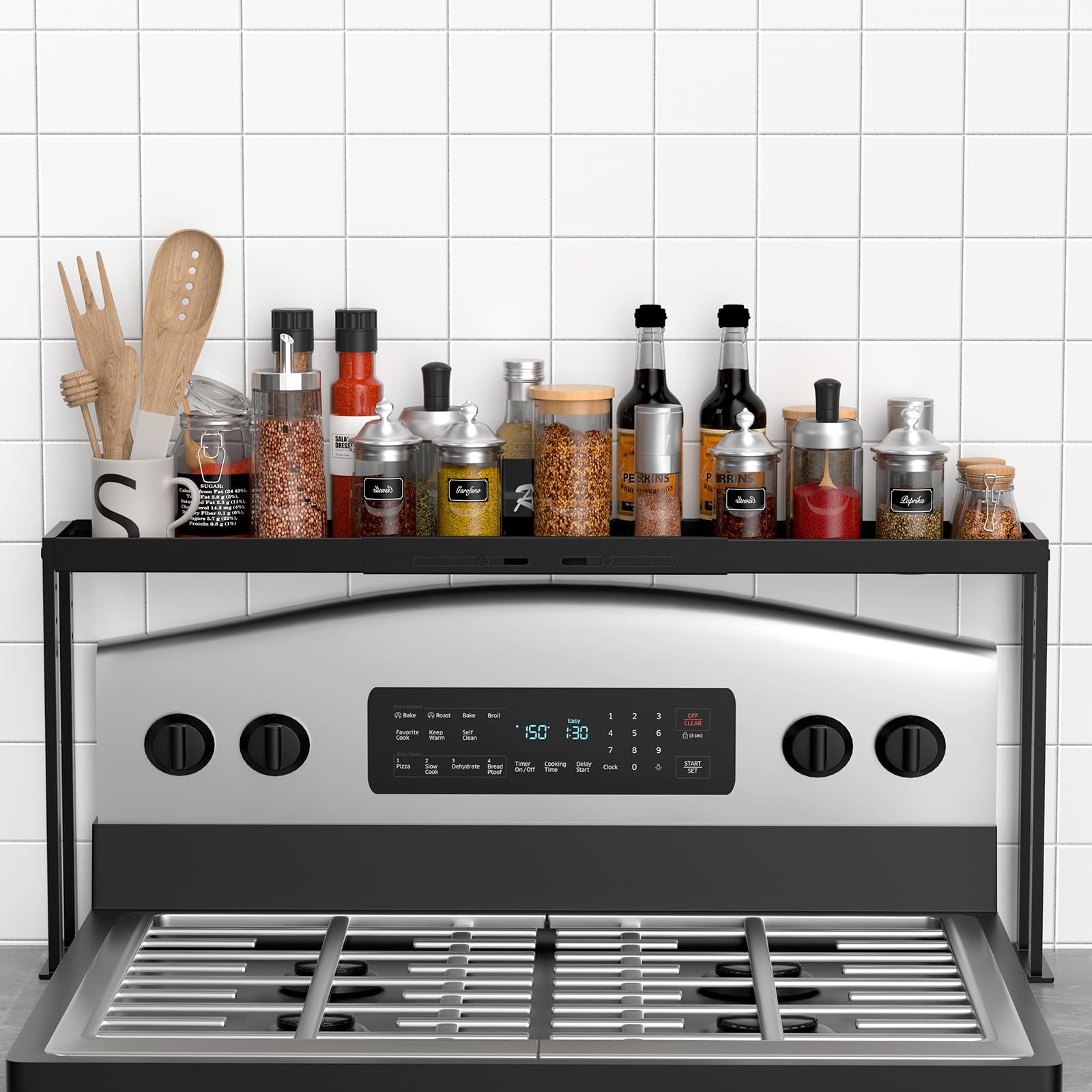 Photo 1 of BOIVSHI Stove Top Shelf, Kitchen Over Shelf for Stove, Stove Spice Rack for Top, Adjustable 27-33inch, Fits Various Stove Lengths, Kitchen Spice Organizer, Condiments and BBQ Sauces, Black
