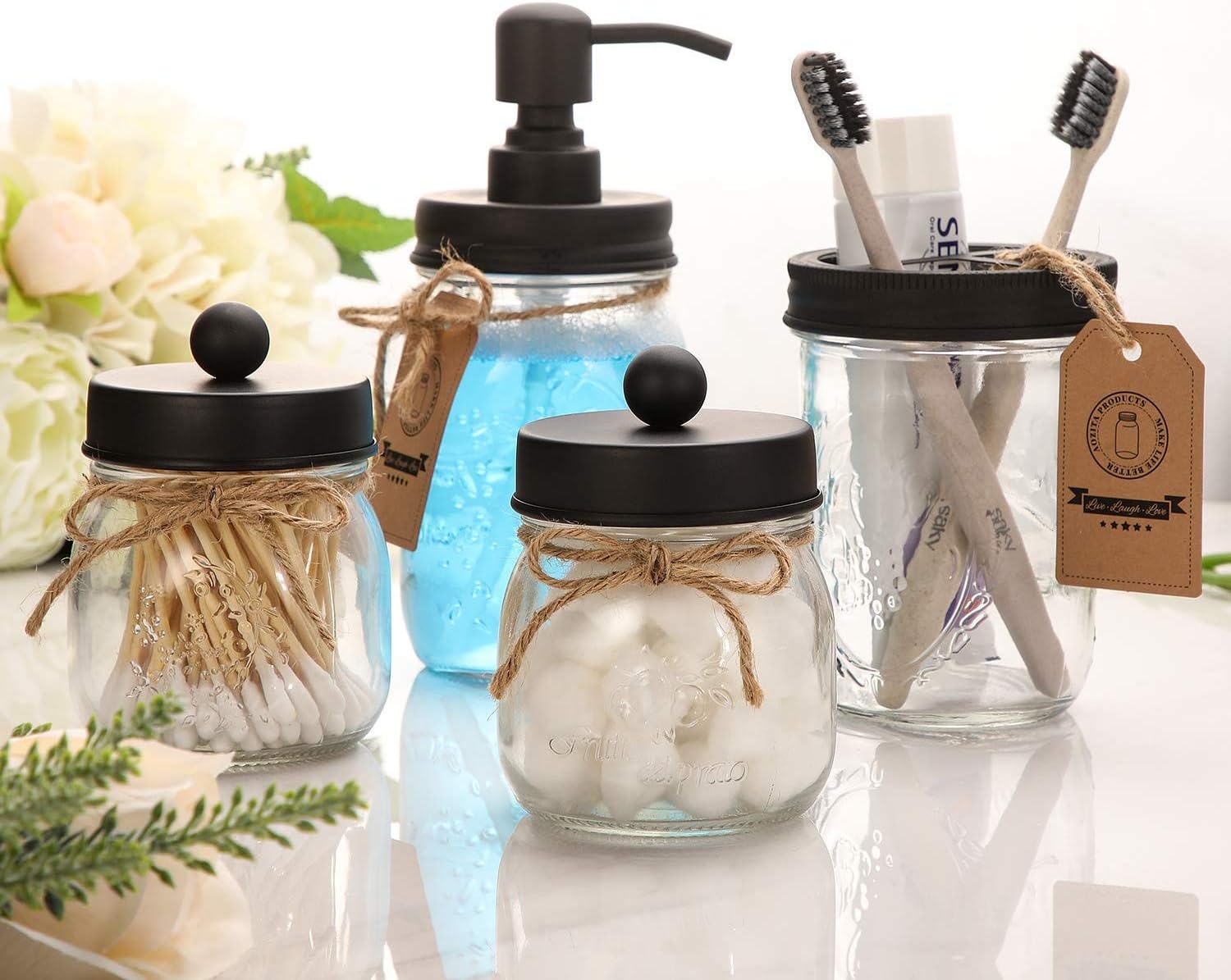 Mason Jar Bathroom Accessories Set 4 Pcs - Mason Jar Soap Dispenser & 2 Apothecary Jars & Toothbrush Holder - Rustic Farmhouse Decor, Bathroom Home Decor, Countertop Vanity Organize - Black: Home & Kitchen