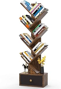 Tree Bookshelf with Drawers, Floor Standing Book Shelves, Unique Bookcase Storage Organizer Shelves for Books, Modern Wood Media Storage Rack Corner Book Shelf for Living Room, Bedroom, Rustic Brown