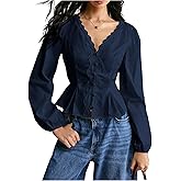 SweatyRocks Women's Contrast Lace Button Down Peplum Blouses V Neck Lantern Long Sleeve Shirts