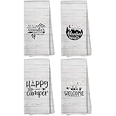 Liosei Camping Kitchen Towels, Dish Towels, Gifts for Women Men, RV Decor, Campsite Decor, Happy Camper Hand Towel, Supplies for RV Campers 12x12 Inch Set of 4