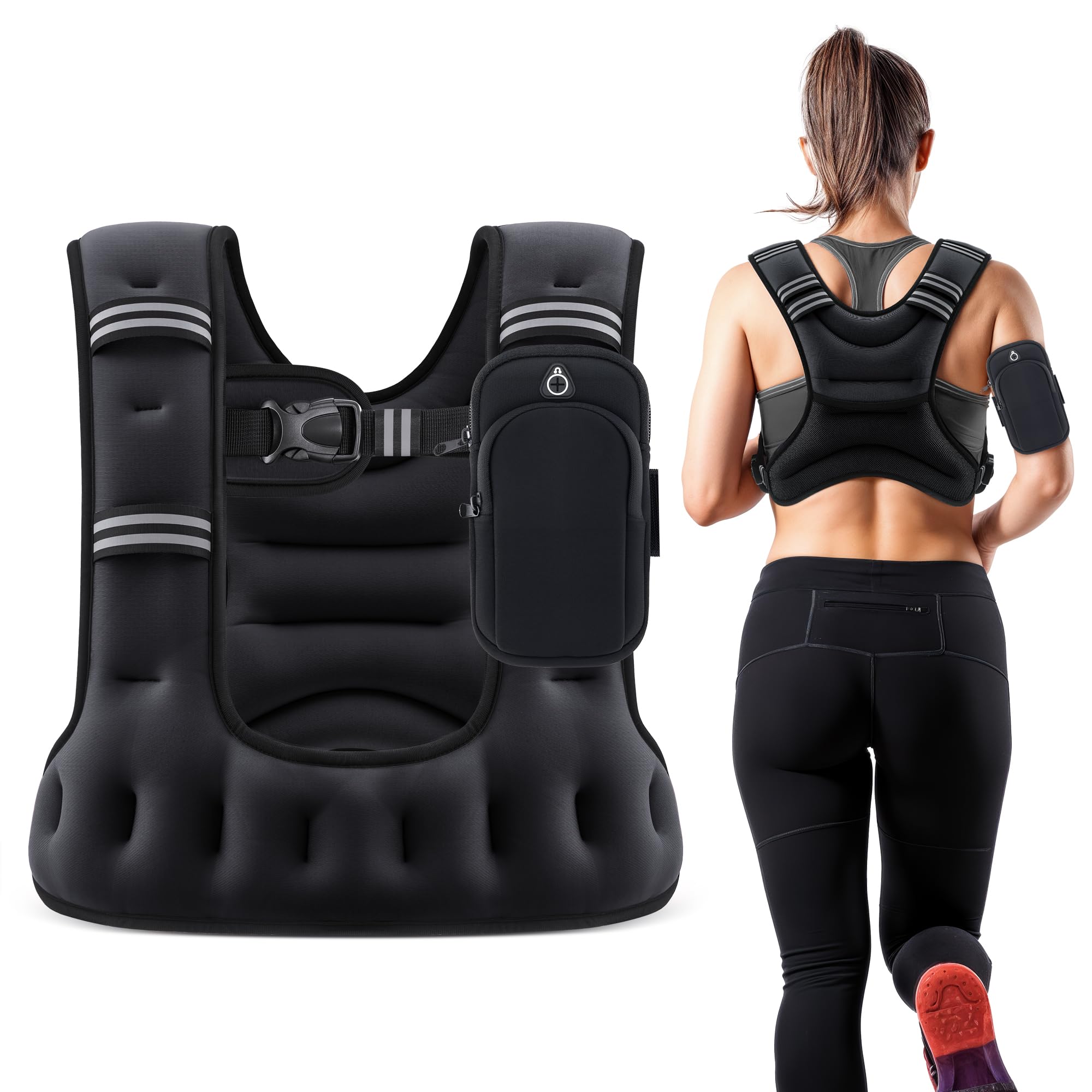 Photo 1 of ZELUS Weighted Vest for Women Men, 6/8/12/16/20lb Weight Vest with Arm Pouch Reflective Strips, U-Shaped Rucking Vest for Strength Training Muscle Building, Walking Running Vest for Fitness, Black