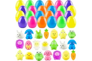 CLUEWR 28 Pack Easter Eggs with Mochi Squishy Toys, Mini Stress Relief Squishies for Kids Boys Girls Easter Basket Stuffers, Easter Party Favors, Easter Egg Hunt Supplies
