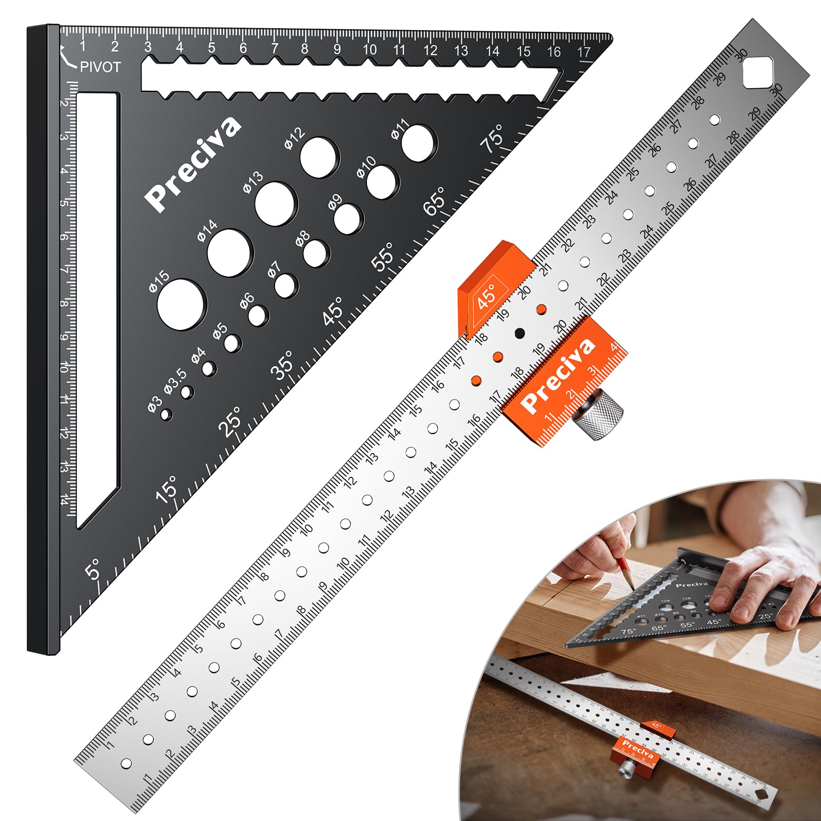 Woodworking Set Square Tool, Preciva 7inch Metric Triangle Rule 12inch 45 90 Degrees Versatile Stainless Steel Three-Cornered Scale Rulers Speed Squares, Engineer Carpentry Layout Measuring Tools