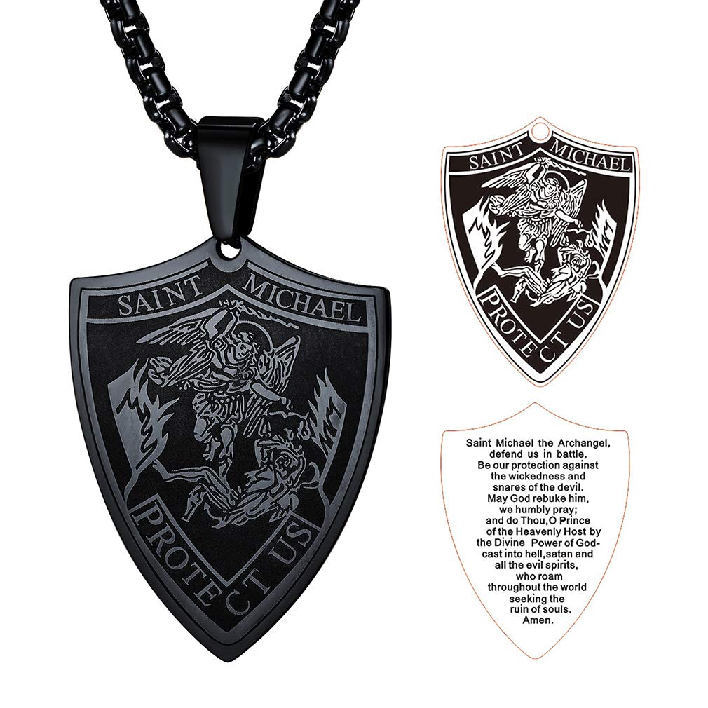 FaithHeart Archangel Michael Pendants for Boyfriends, Patron Saint of Firefighters Necklace Black St Michael Charm with Solid Steel Chain, Religious Gifts for Halloween — image 1