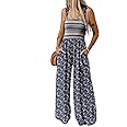 Dokotoo Women's Casual Loose Overalls Jumpsuits One Piece Sleeveless Printed Wide Leg Long Pant Rompers With Pockets