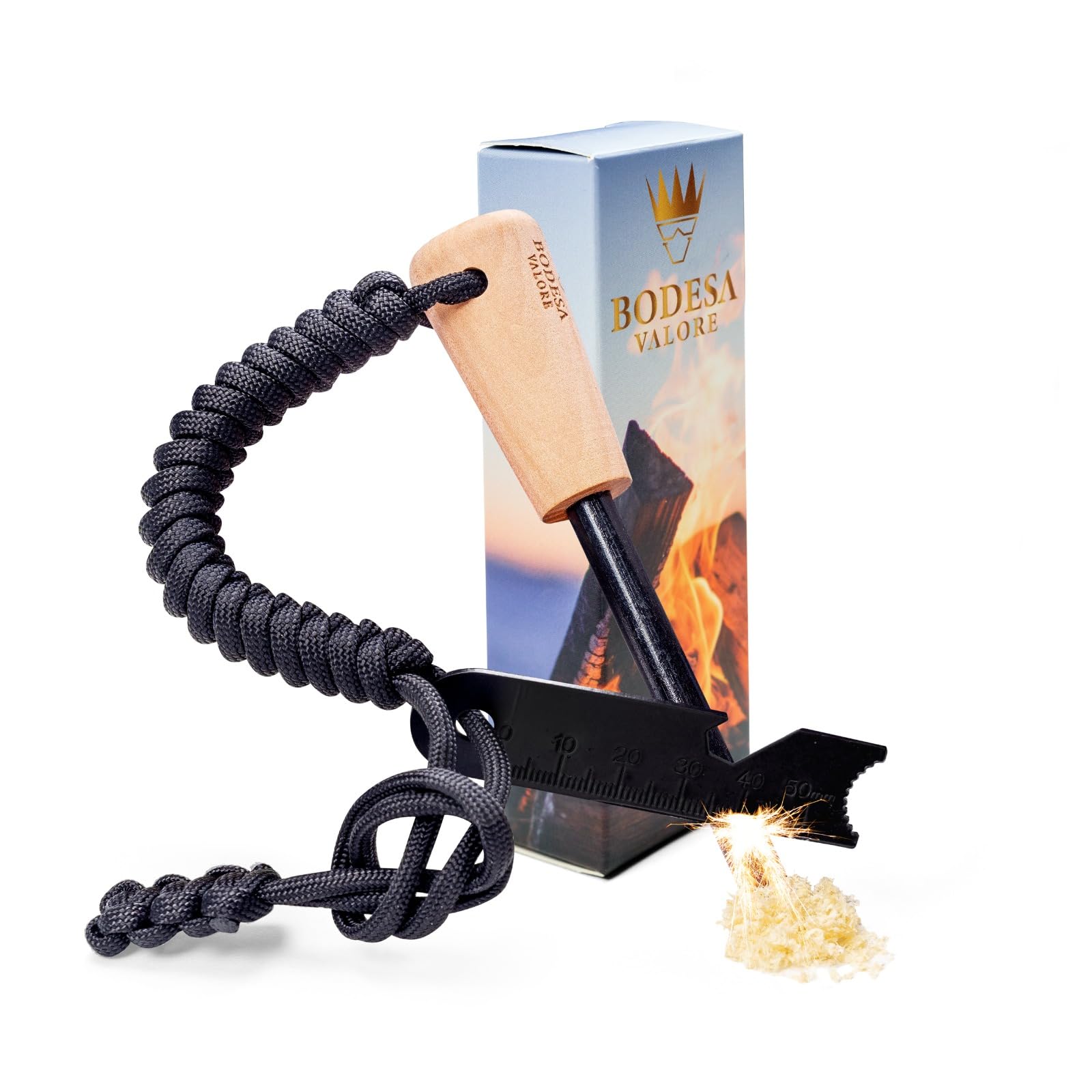 8 in 1 Fire Kit with Paracord Wire, 8mm Fire Steel Flint, Handmade Handle Designed in Germany, Extremely Strong for Survival and Bushcraft