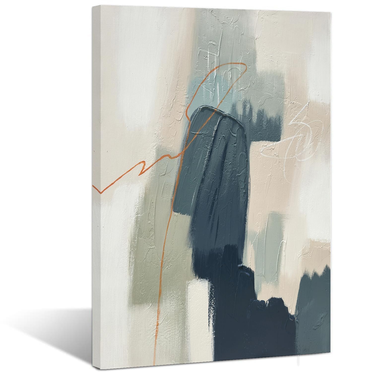 Photo 1 of AntExpanse 100% Hand-Painted 3D Abstract Wall Art with Wooden Frame, 24 x 36 Inch Modern Textured Canvas Painting for Living Room Bedroom, Office Wall Décor, Elegant Blue and Beige Minimalist Artwork