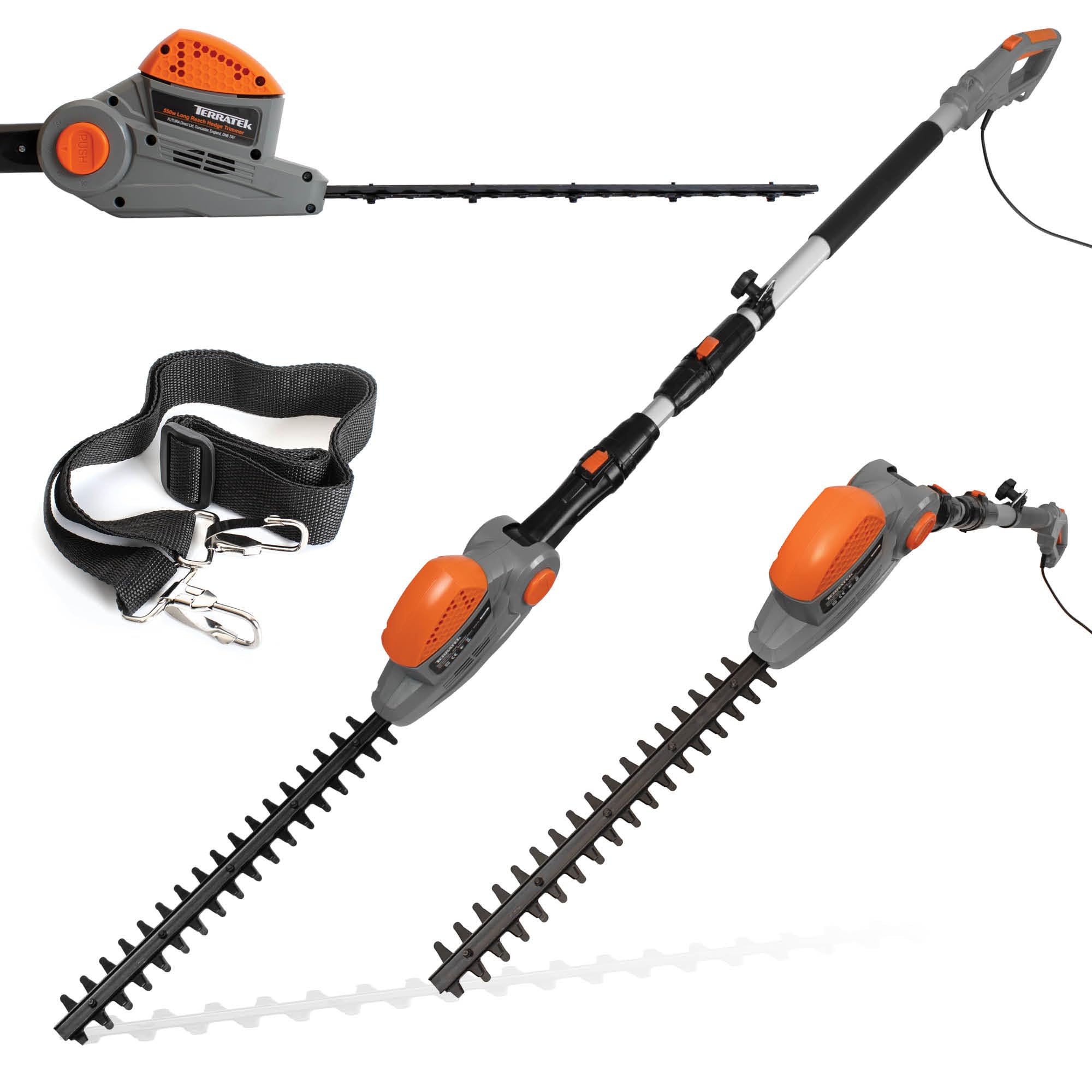 Terratek Corded Extendable Pole Hedge Trimmer 550W 2.5M Telescopic Hedge Trimmer Long Reach Hedge Cutter with 4 Position's, 10m Cable and Shoulder Strap Included