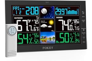 Fokey Weather Station Wireless Indoor Outdoor, Indoor Outdoor Thermometer Wireless, Home Atomic Clock Weather Stations, Digital Temperature Humidity Barometer Inside Outside Thermometers, Black