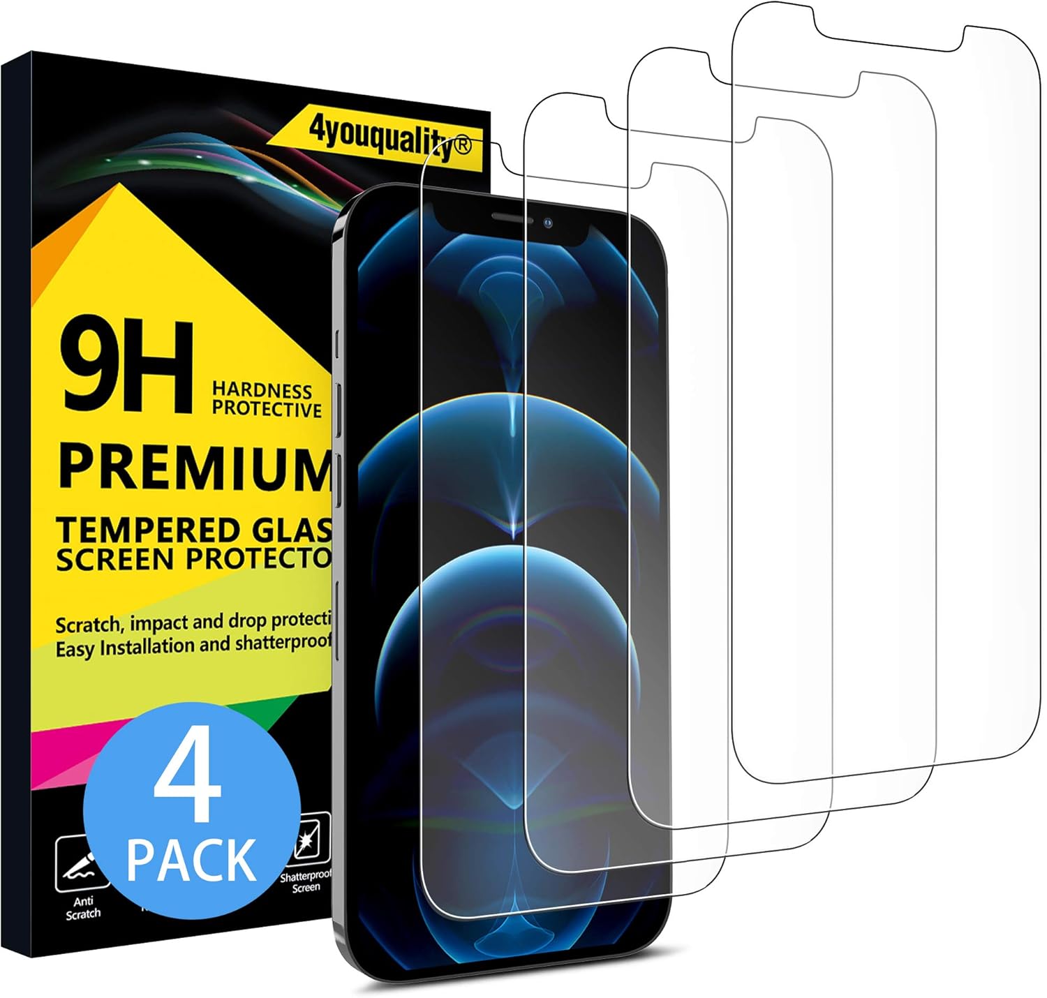 4youquality [4-Pack Screen Protector for iPhone 12 Pro Max (6.7-Inch), Tempered Glass Film