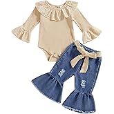 Gaono Toddler Baby Girl Fall Winter Clothes Bell Bottom Denim Outfit Solid Ribbed Romper Flare Jean With Headband 3Pcs Set