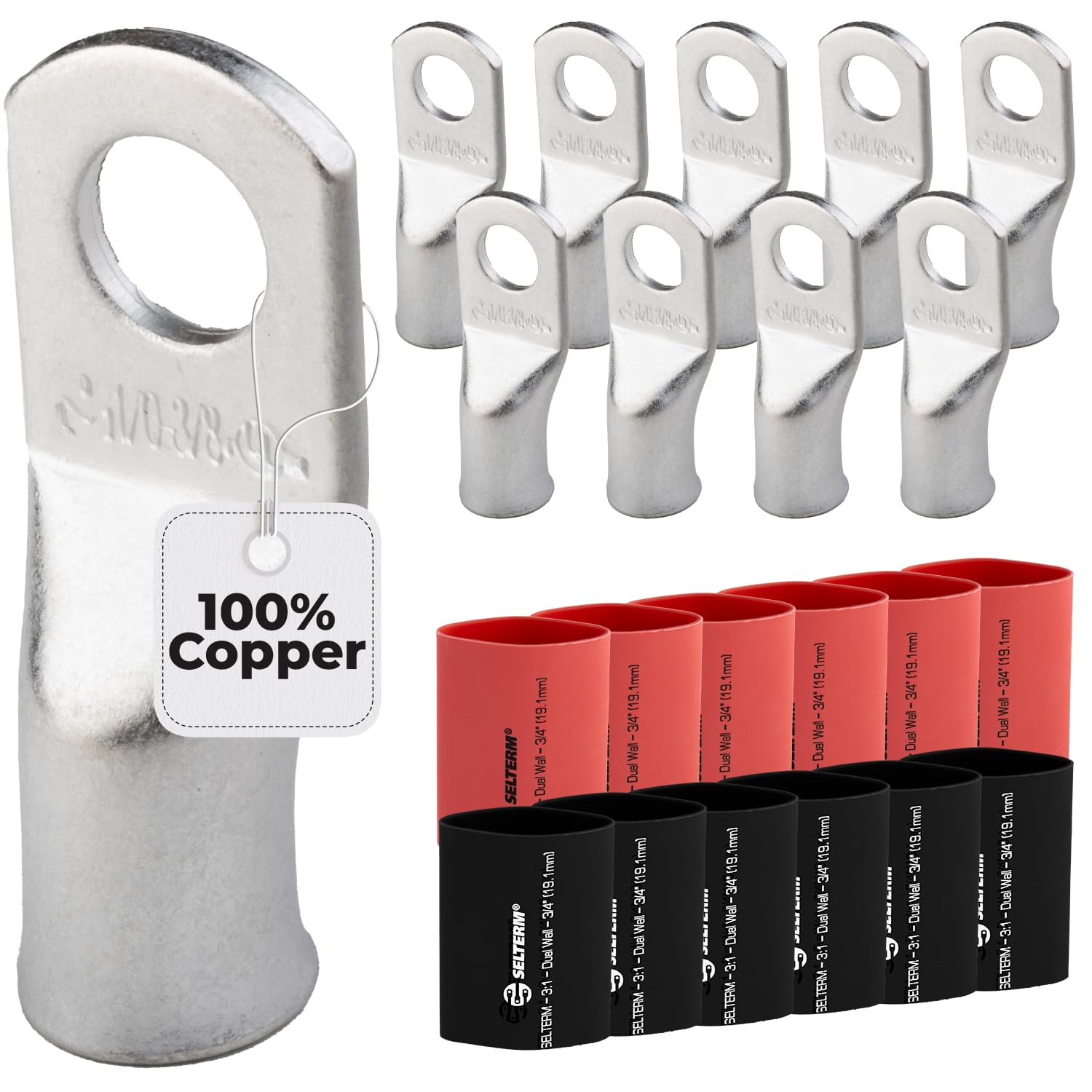 SELTERM 10pcs - 1/0 Awg - 3/8" Stud - Battery Lugs
