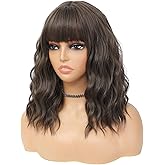 BEAUTIFA Brown Wig with Bangs for Women 14 Inch Shoulder Length Brown Short Bob Wavy Curly Wig Brown Wig Heat Resistant Synthetic Wigs