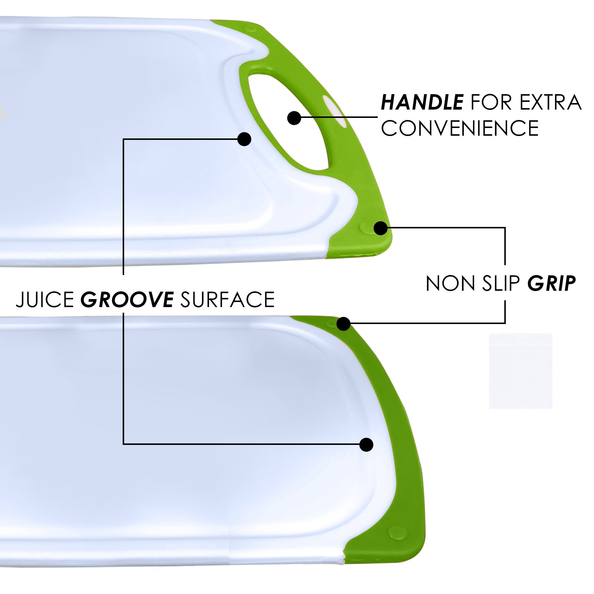 Raj Non-Slip Antibacterial Plastic Cutting Board, Deep Juice Groove, Dishwasher Safe, BPA Free, FDA Approved White and green (1 Piece Large, White board with Green Ends)