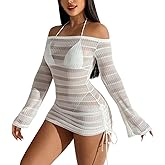 ALIREVERIE Summer Women's Sexy Mesh Hollow Out Off Shoulder Bathing Suit Coverups Long Bell Sleeve Ruched Drawstring Swimsuit