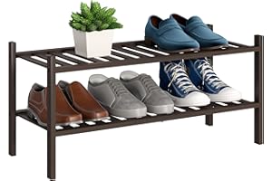 BMOSU 2-Tier Bamboo Shoe Rack Premium Stackable Shoe Shelf Storage Organizer for Hallway Closet Living Room Entryway Organizer (Brown Bamboo)