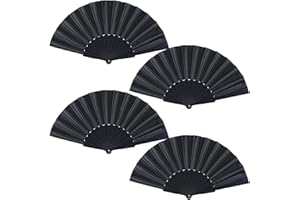 YOLYOO Black Folding Hand Fans Fabric Fans Chinese Japanese Style Summer Handheld Fan for Party, Wedding, Gifts, Wall Decoration,Photographic Props (Black-4pcs)