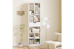 GOFLAME 8-Tier Bookcase with Drawer, 71” Tall Bookshelf with 10 Open Cubes, Wooden, Modern, Freestanding Storage Organizer Di