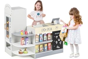 Costzon Kids Grocery Store Playset, Wooden Pretend Play Store with Chalkboard, Cash Register, Vending Machine, Play Food Accessories, Toddler Gift for Boys & Girls (Grey)