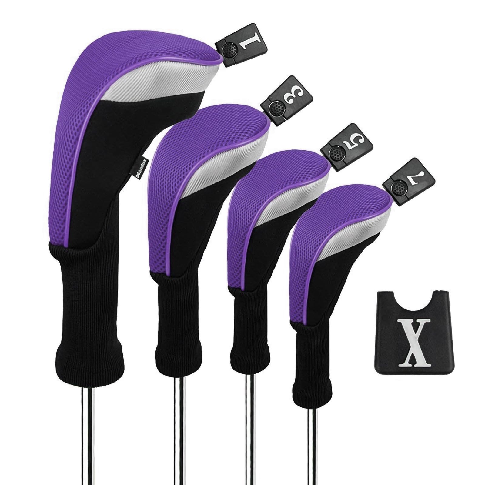 Andux 4pcs/Set Mesh Golf 460cc Driver Fairway Wood Club Head Covers Long Neck with No. Tags Black/Purple Image