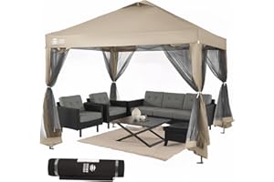CROWN SHADES Gazebo 10x10 Pop Up Canopy with Mosquito Netting, Screen Tent with 4 Ropes, 8 Stakes, 4 Sandbags and Wheeled Storage Bag, Canopy for Patio & Backyard, Beige