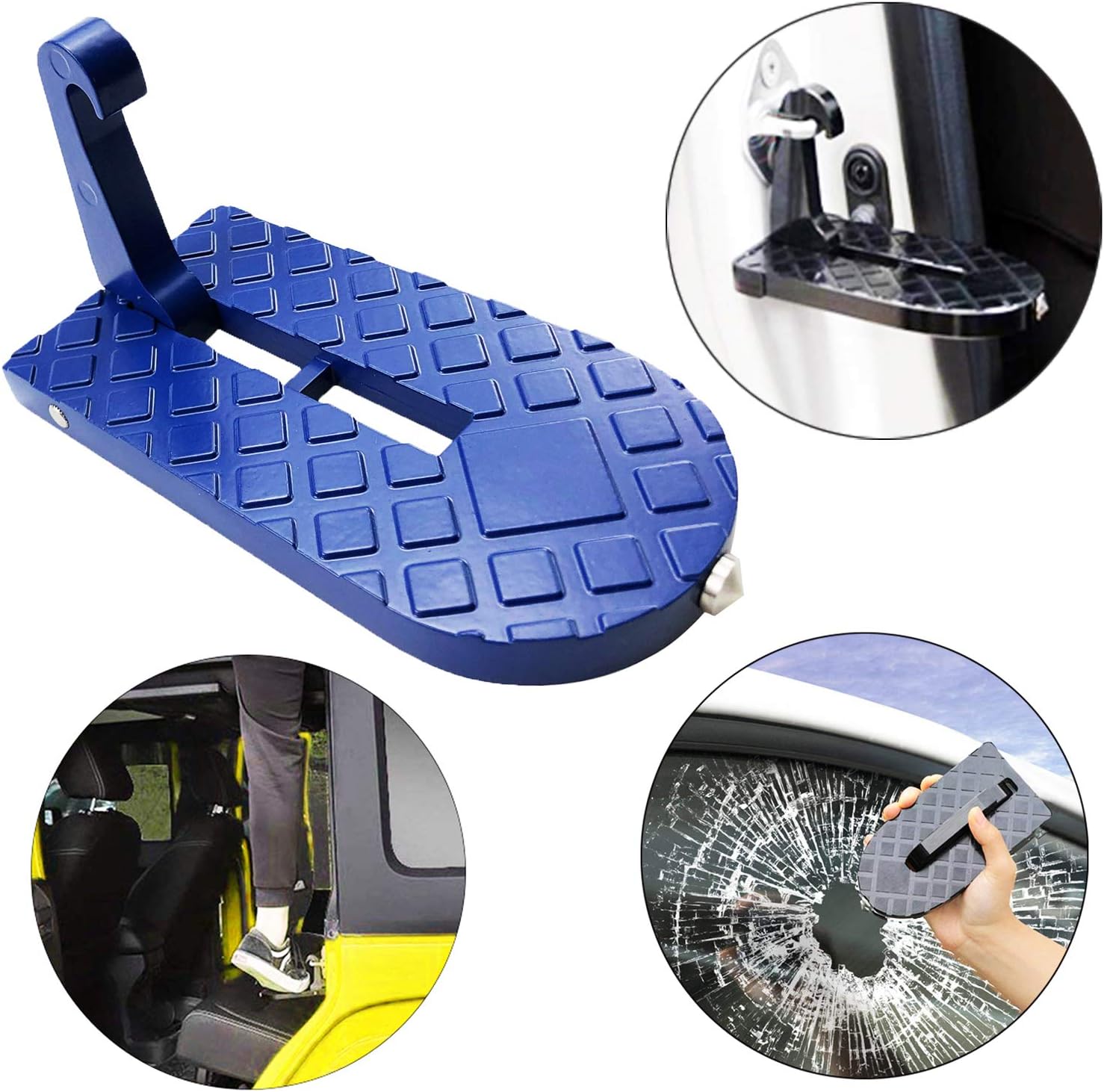 MOEBULB Car Doorstep Foot Pegs Folding Ladder Door Step Foot Pedal with Safety Hammer Vehicle Hooked on U Shaped Slam Latch Step Rails for Easy Access to Rooftop of Jeep/SUV/Truck (Blue)