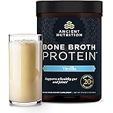 Ancient Nutrition Grass Fed, Cage Free, Bone Broth Protein Powder, 20g Protein, Hydrolyzed Collagen Peptides, Keto & Paleo Friendly, Supports Joint, Gut Health, Vanilla, 20 Servings