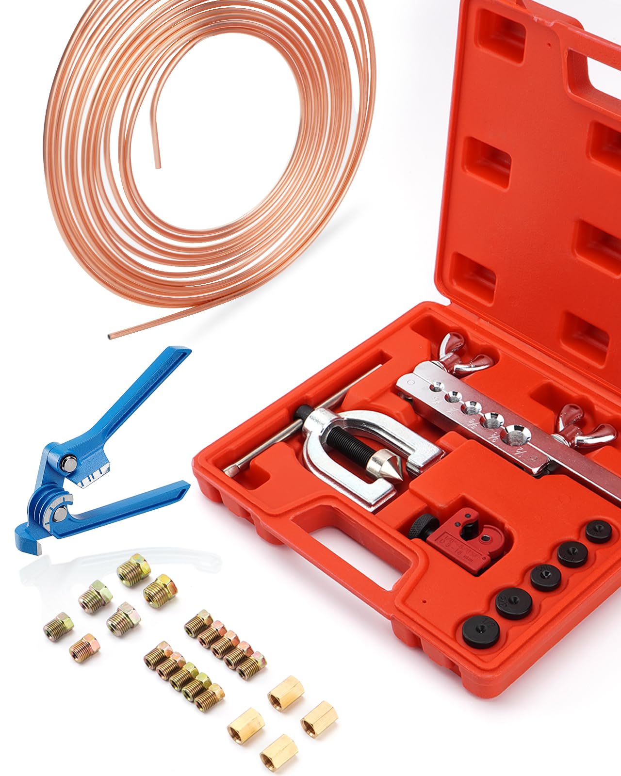 Photo 1 of **MISSING FLARE TOOL AND CUTTER/PARTS ONLY***Racewill 25 ft 3/16" Copper Coated Brake Line Kit +Tube Bender (Includes 16 Fittings and 4 Unions Brake Line Fittings) + Brake Line Double & Single Flaring Tool Kit