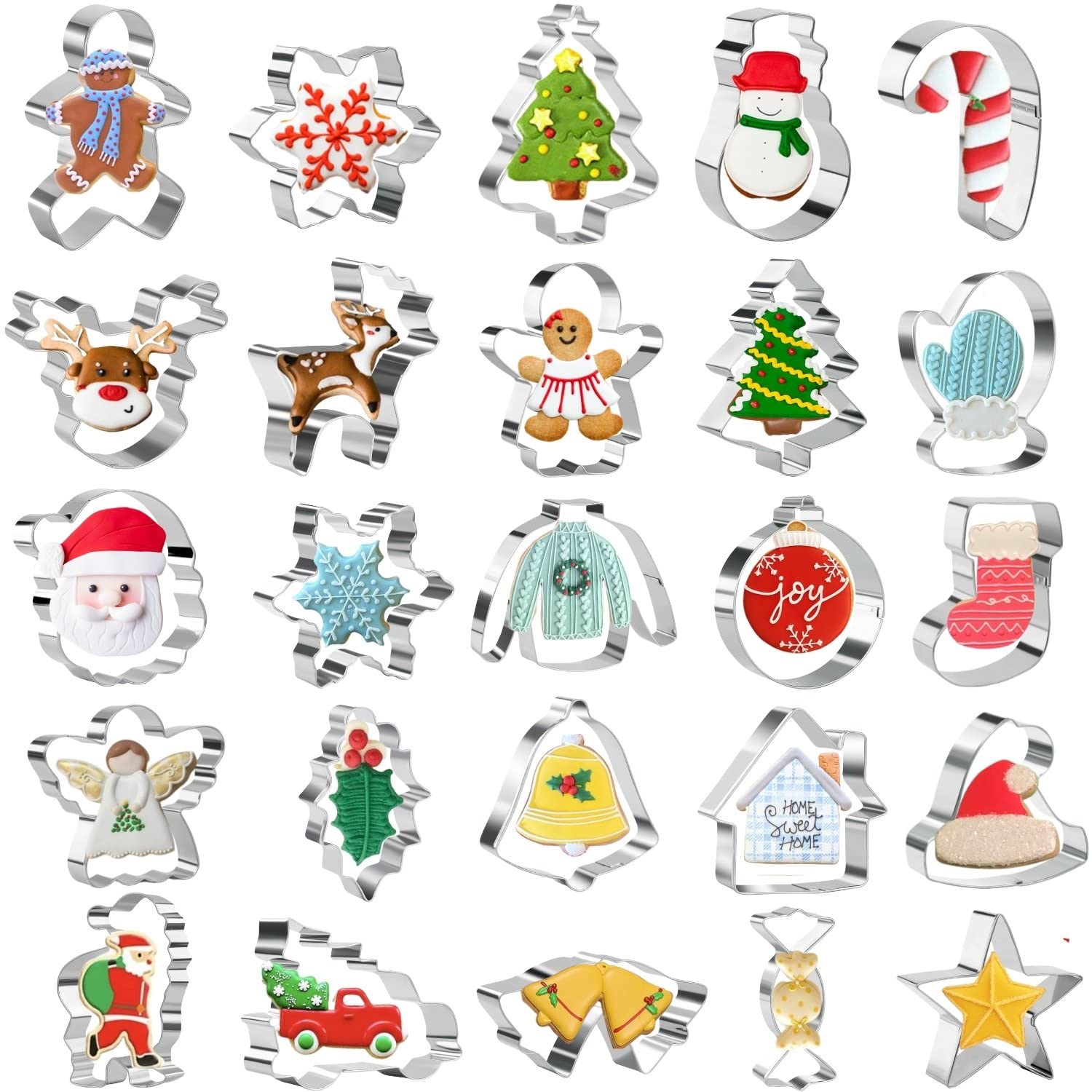 Christmas Cookie Cutters Set of 25 - Christmas Xmas Biscuit Cutters Gingerbread Man Snowflake Christmas Tree Shapes Stainless Steel for Baking