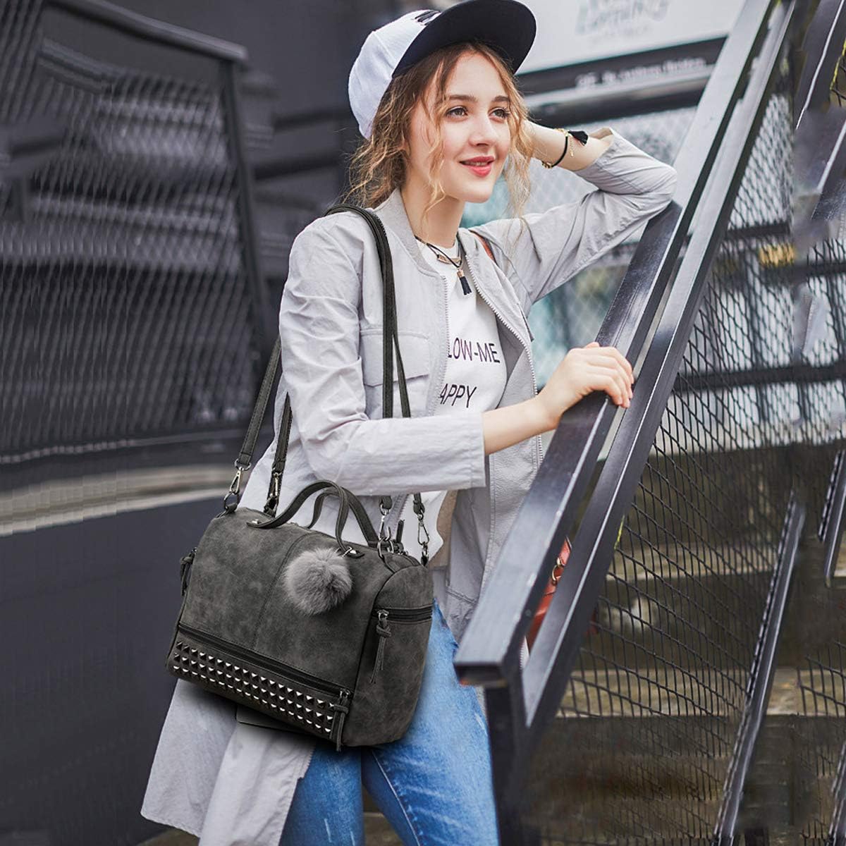 NICOLE&DORIS Shoulder Bag for Women Boston Bags Tote Bag Crossbody with pom pom Black - Image 3
